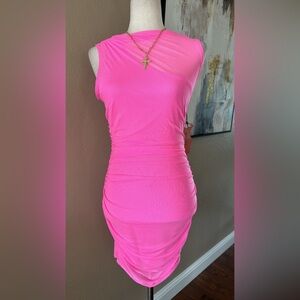 Vibrant Pink Sleeveless Mesh Mini Dress